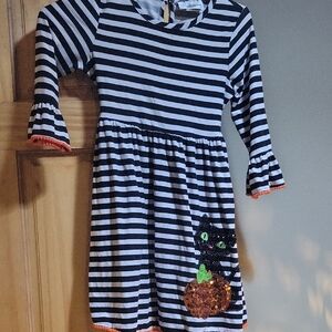 Rare Editions Black and White Striped Dress with Orange Accents